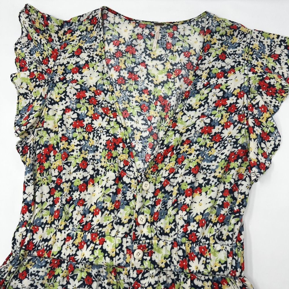 Free People Floral V-Neck Ruffle Sleeve Jumpsuit Multi-Color Small Wedding Guest